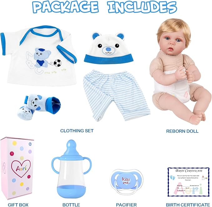 Aori Reborn Baby Boy Doll - 22 Inch Lifelike Realistic Newborn - Handmade Weighted Baby Dolls with Soft Cloth Body Cuddly Reborn Toddler for Kids 3+ | Realistic Boy Doll Gift Set