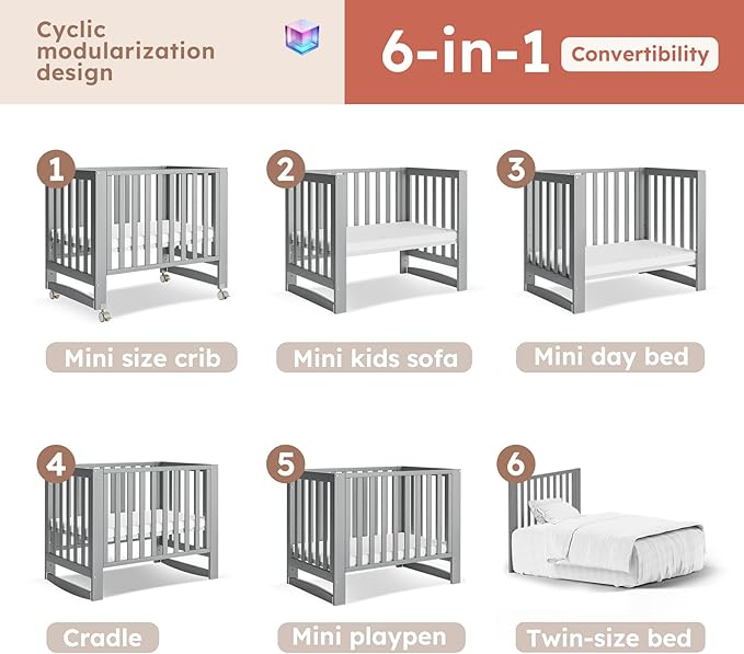 EvoNest Baby Crib, 6 in 1 Convertible Mini Crib with Wheels, 100% New Zealand Wood Growing Bed, 4 Adjustable Mattress Height，Grey