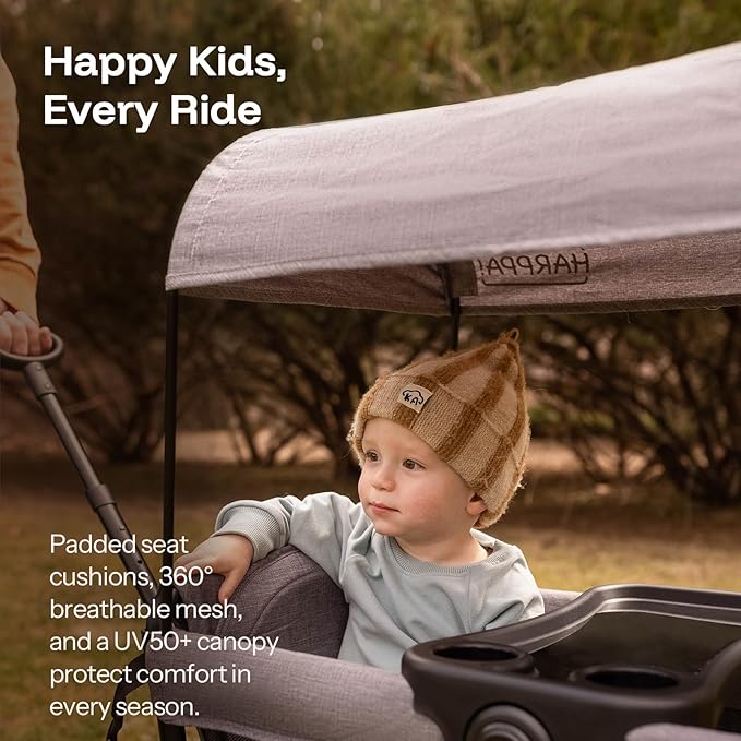 HARPPA All-Terrain Wagon Stroller for 2 Kids, Foldable Outdoor & Beach Stroller Wagon with Removable Canopy, Adjustable Push & Pull Handle, Footwell & Large Storage, Grey