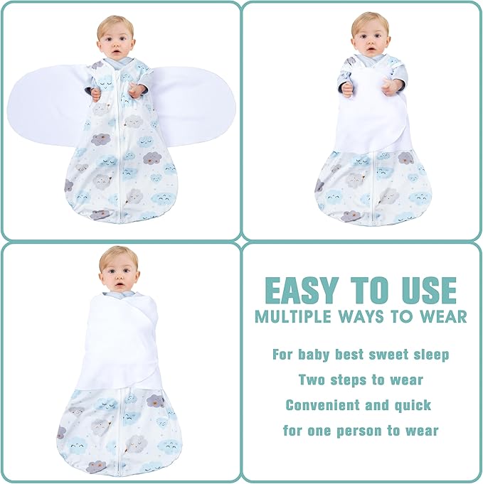 Newborn Sleep Sack Baby Swaddle,0-3 Months,3-Way Adjustable Wearable Blanket,100% Rayon Cotton Swaddling Sleeping Bag，TOG 0.5（Clouds&Starry Sky）