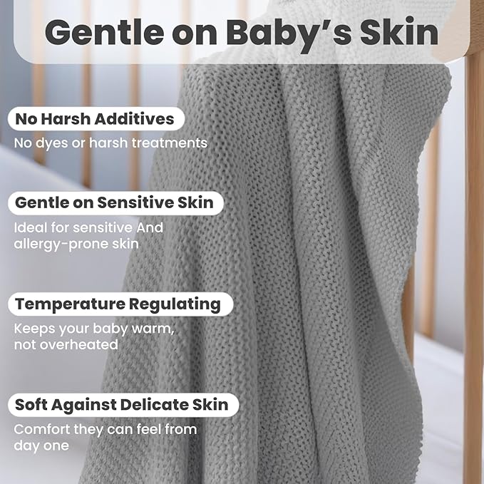 100% Organic Cotton Baby Knitted Blanket with Gift Box - Soft Toddler, Crib, Stroller Blanket - Neutral Swaddle and Receiving Blanket for Newborns, 30"x40", Harbor Mist