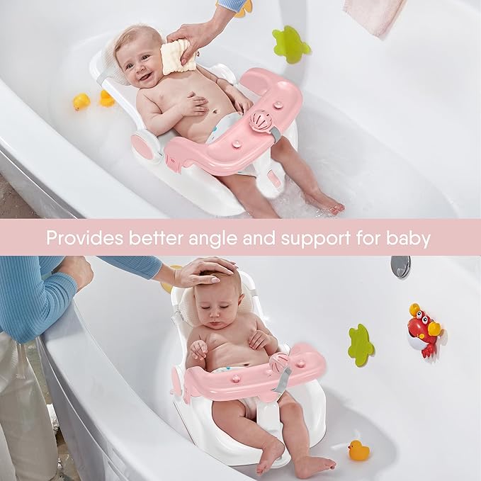 Baby Bath Seat with Sitting & Lying 2 Modes, 3-Speed Adjustment, Powerful Suction Cups, Infant Bathtub Chair with Washable Pillow, Folding and Hanging(Light Pink)