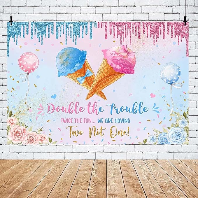MEHOFOND 7x5ft Ice Cream Twins Baby Shower Banner Decroations, Double The Trouble Twice The Fun We are Having Two Not One Backdrop, Blue Pink Gender Reveal Party Decor Floral Gender Reveal Supplies