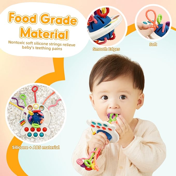 AiTuiTui Sensory Montessori Baby Toys 6-12 Months, Infant Toddler Travel Toys for 1 2 Year Old Boy Girl Birthday Gifts, Soft Teething String Fidget Educational Learning for 9 10 18 Months, Blue