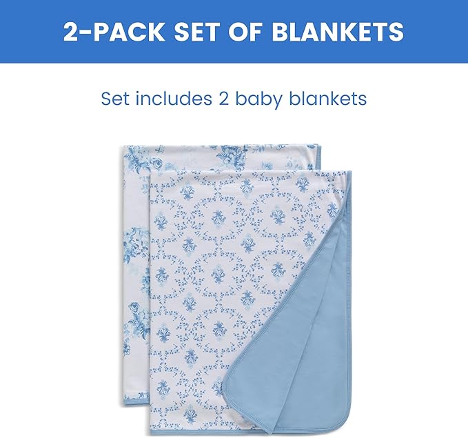 Delta Children 100% Organic Jersey Cotton Baby Receiving Blankets for Girls and Boys – 30x40 Inches - GOTS Certified (Pack of 2), Blue Botanicals