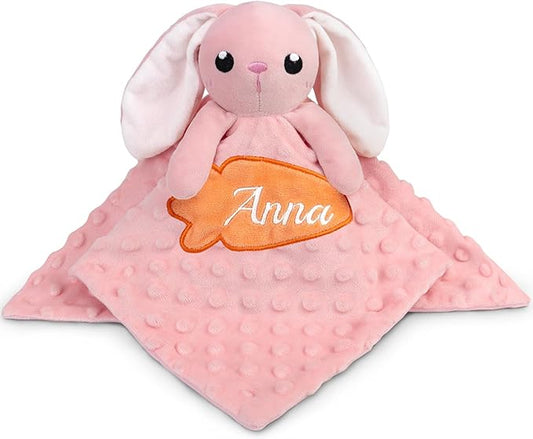 Personalized Security Blankets for Babies with Names, Bunny Custom Baby Blanket, Embroidered Lovie Lovey Security Blanket for Babies Girls Boys, Newborn 1st Birthday Gifts (Pink Rabbit)