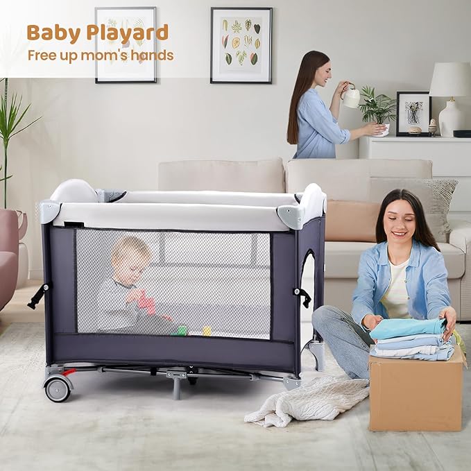 JOYMOR Pack and Play with Changing Table, 5-in-1 Portable Baby Bedside Bassinet with Storage, Travel Crib with Carry Bag, Compact Fold (Gray)