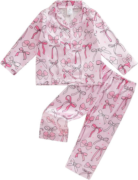 Toddler Kids Baby Girl Solid Pjs Ruffle Long Sleeve Button Shirt Top and Pants Cotton 2Piece Pajamas Set