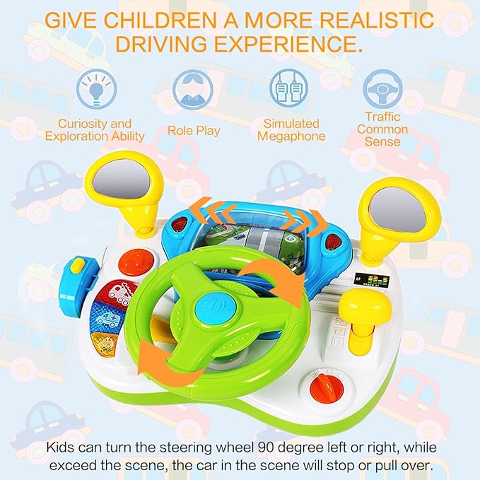 fisca Toddler Steering Wheel Toy Baby Interactive Learning Toy for Toddler 1-3 Year Old, My First Driving Educational Baby Musical Toys with Light and Sound for Preschool Kids