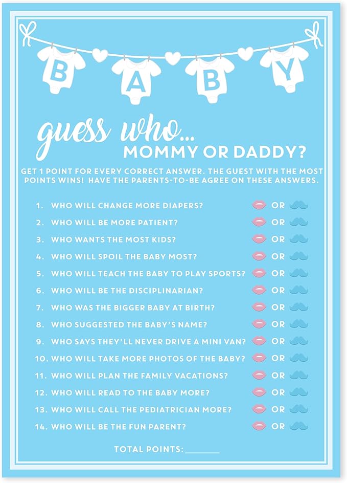 Party Hearty Baby Shower Games for Boy, 50 pcs Blue Mommy or Daddy Guess Who Game, Fun Activity Cards, Ideas