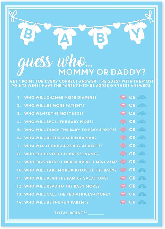 Party Hearty Baby Shower Games for Boy, 50 pcs Blue Mommy or Daddy Guess Who Game, Fun Activity Cards, Ideas