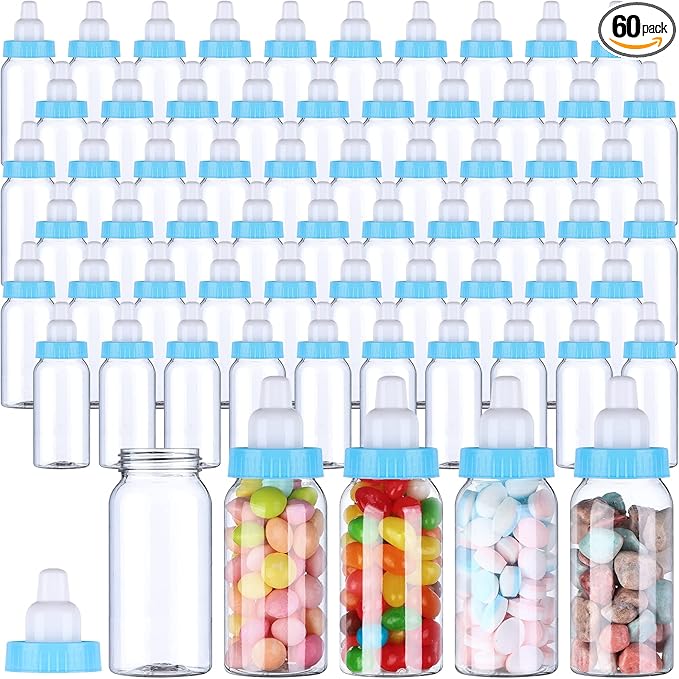 60 Pcs 4.5 Inch Baby Mini Milk Bottle Baby Shower Favor Fillable Feeding Bottle Candy Box Small Plastic Candy Container DIY Gift for Boy Girl Newborn Baptism Party Decor (Blue)