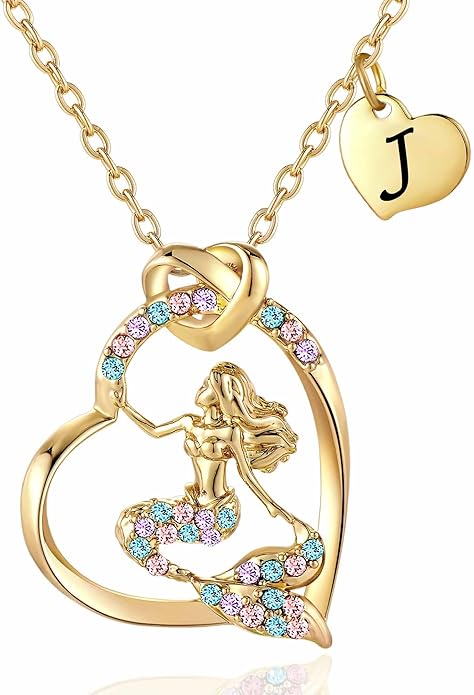 K-Acc 14K Gold-Plated Mermaid Initial Heart Necklace - Gifts for Girls