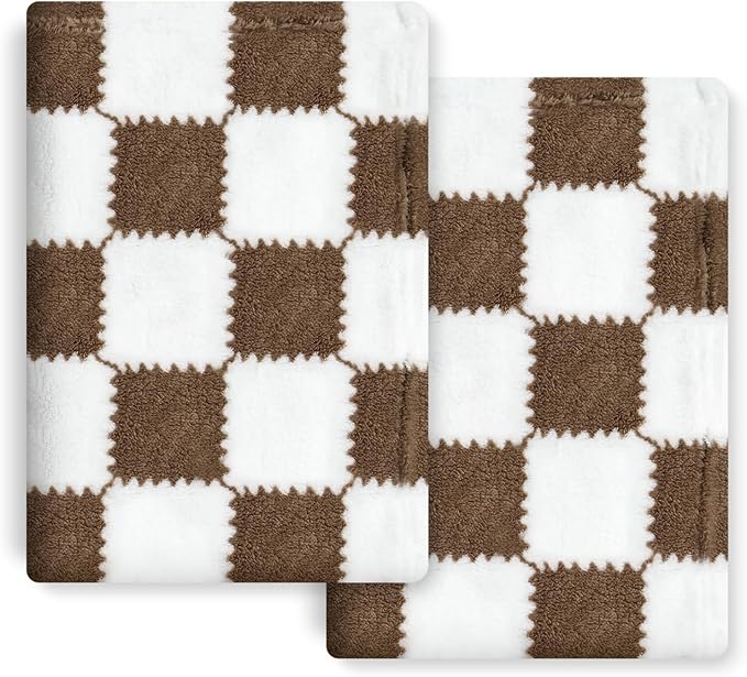 Checkered Baby Blanket for Boys Girls, 2 Pack Soft Baby Boy Girl Blankets, Small 28 x 40 inches Toddler Fleece Blanket, Essentials Crib Stroller Items, Newborn Gift (Coffee)