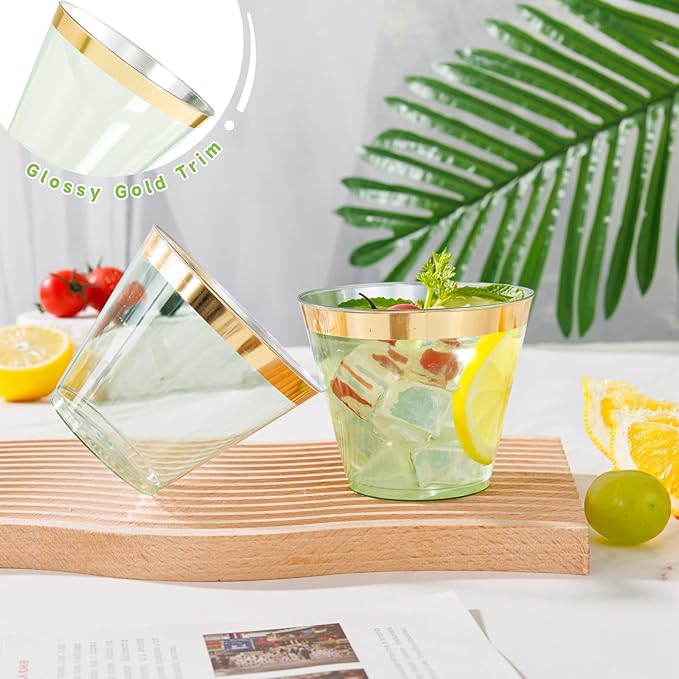 supernal 100 Pack Green Plastic Cups, 9 Oz Clear Green Disposable Cups with Gold Rimmed - Plastic Wine/Cocktail Glasses, Disposable Bridal/Shower Baby Shower Cup Perfect for Party & Wedding