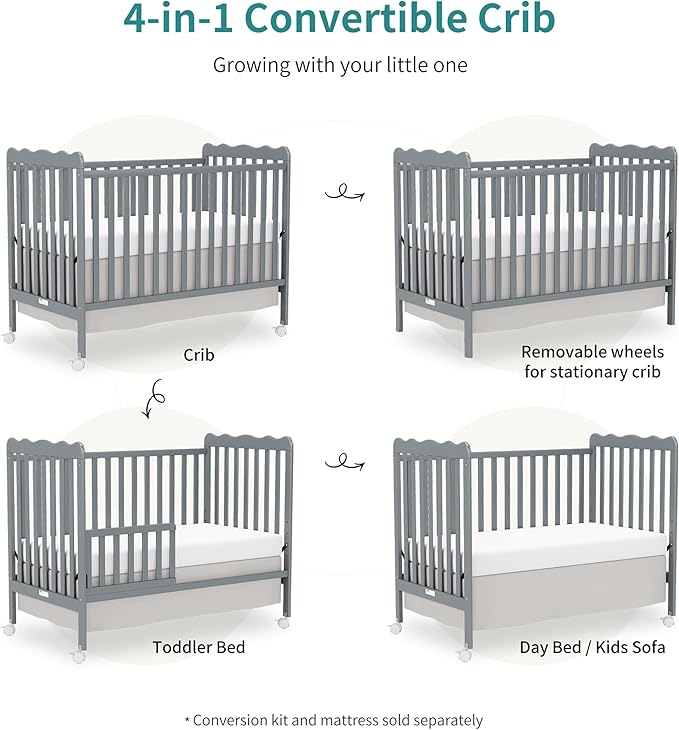 4 in 1 Convertible Baby Crib, Wooden Nursery Cribs Converts into Toddler Bed and Daybed, 3 Adjustable Base, Non-Toxic Finishes, Removable Wheels (Steel Grey)