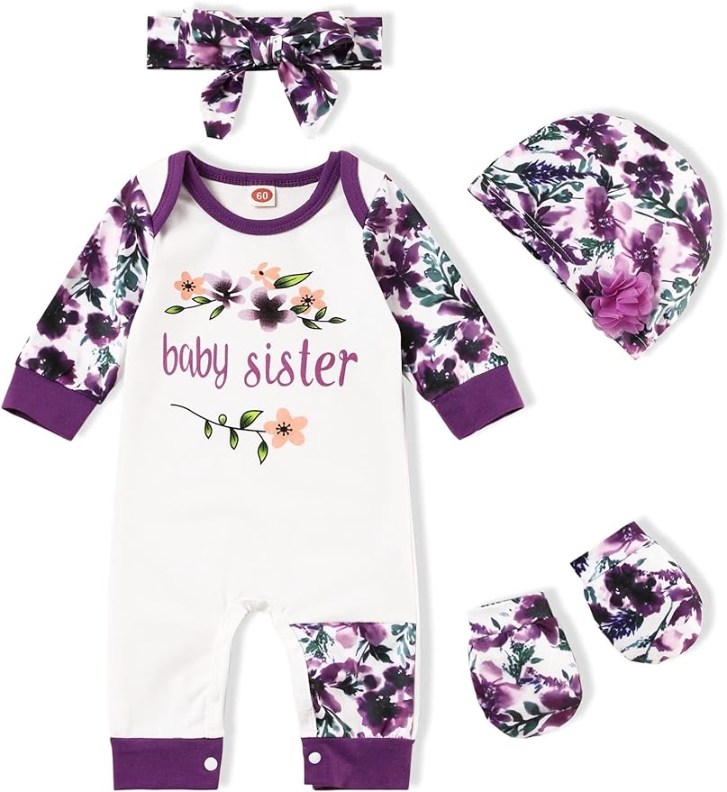 Baby Girl Clothes Patter&Letter Baby Girl Romper with Bow Hat&Headband and Gloves 4Pcs Baby Girl Coming Home Outfit