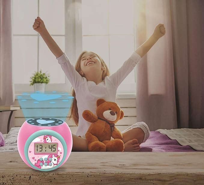 LEXiBOOK Projector Clock Unicorn with Snooze Alarm Function, Night Light with Timer, LCD Screen, Battery Operated, Pink, RL977UNI