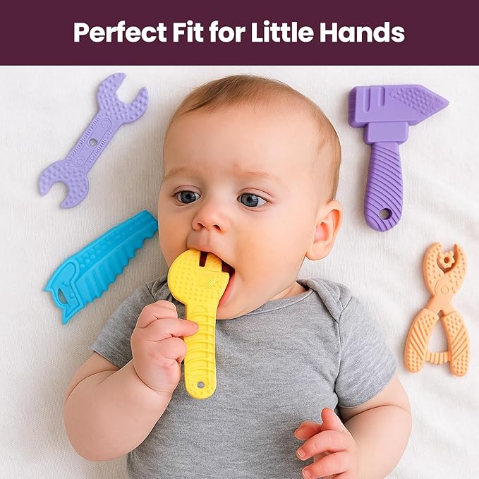 Infant Teething Tools Set: Soft BPA Free Teething Toys, 5 Piece Construction Set, Baby Boy Essentials Einstein, Gift for Infant Toddler Boy Girl