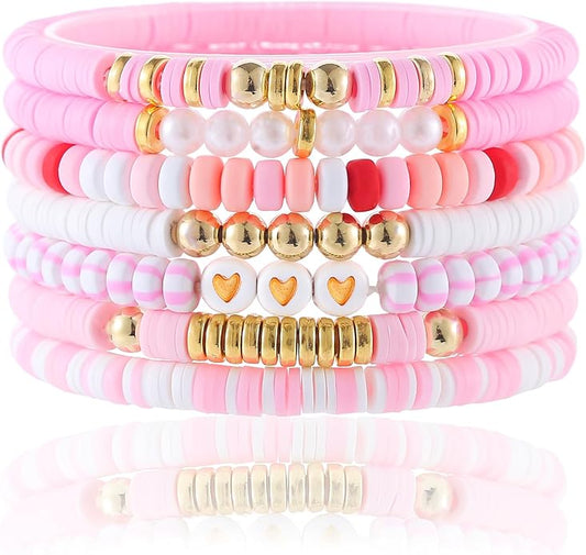 Friendship Bracelets Trendy Heishi Clay Bead Bracelets Stack Gold Beaded Stretch Bracelets for Women Boho Stackable Bracelets Bulk Cute Preppy Jewelry
