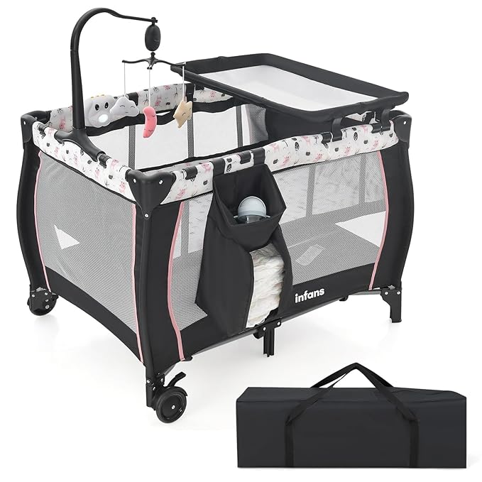 INFANS 3 in 1 Pack and Play, Portable Travel Baby Crib Bassinet with Detachable Mattress, Newborn Changing Table, Foldable Playpen with Carry Bag and 2 Wheels (Cartoon)