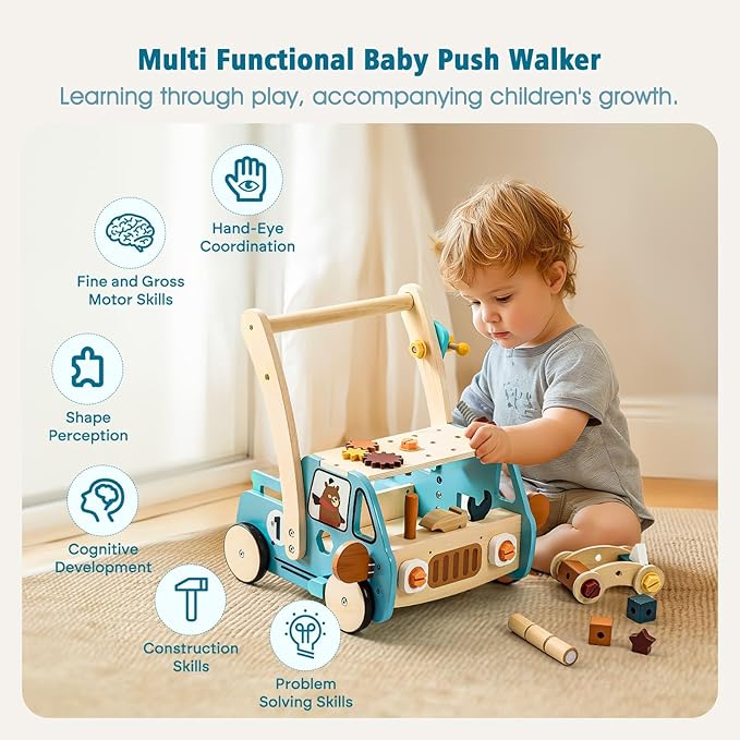 IEATFO Wooden Baby Walker Adjustable Height with Tool Bench and Toy Storage Wagon - Multifunctional Toddler Push Walker Ergonomically Designed for Natural Walking - 3+ Years of Continuous Use