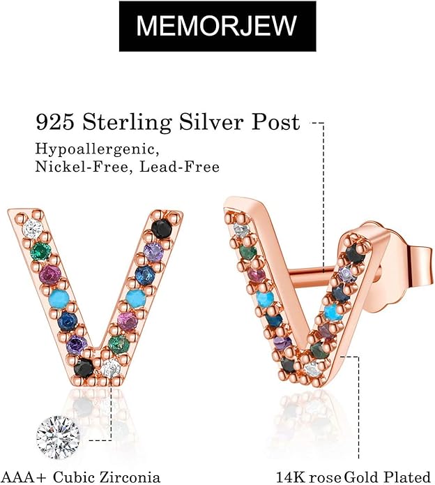Memorjew Initial Stud Earrings for Women, Hypoallergenic 925 Sterling Silver Post Rainbow Cubic Zirconia Gold Plated 26 Initial Earrings for Women Jewelry Gifts