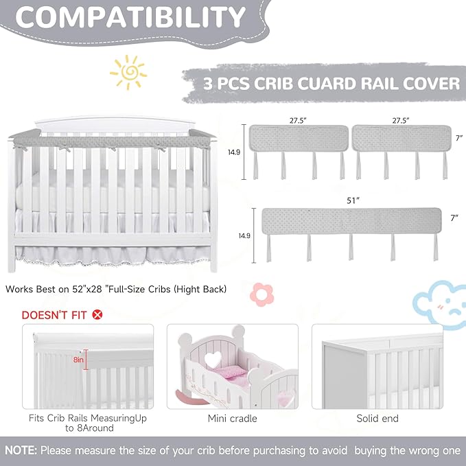 Plush Gray 3pcs New Teething Edge Crib Rail Cover&Corner Guard Coverage Straps,Reversible Guardrail Cover Protector for Boys Girls(1 Long 2 Short)