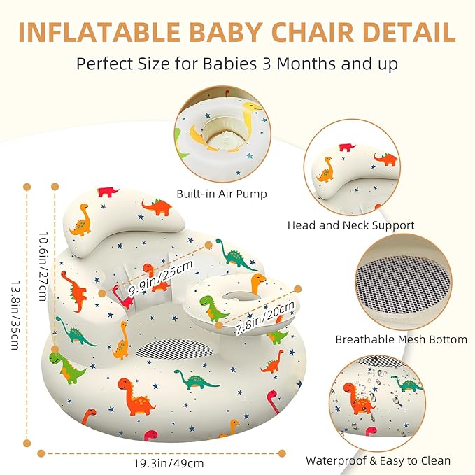 Inflatable Baby Seat with Tray, Blow up Infant Chair for Babies 3 Months and up, Comfortable Baby Floor Seats for Sitting Up, Built in Air Pump with Back Support Toddler Waterproof Sofa (Dinosaur)