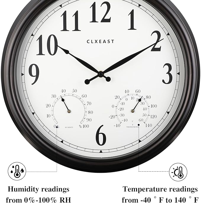 CLXEAST Indoor Outdoor Clocks Waterproof 16 Inch, Large Outdoor Clock with Temperature and Humidity for Patio,Porch,Pool,Oil Rubbed Bronze Black Finish,House Warming Gifts New Home