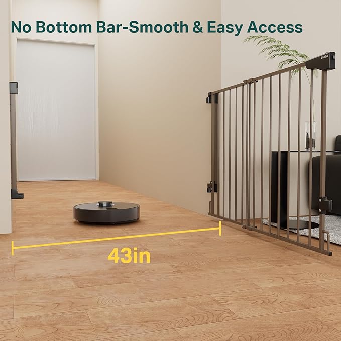 Cumbor 29.2–43" Baby Gate for Stairs, Wall-Mounted (Drill Required), No Bottom Bar Dog Gate, Auto Close Extra Wide Adjustable Walk Thru, Pet & Toddler Proof Gate, Top & Bottom of Stairways (Brown)