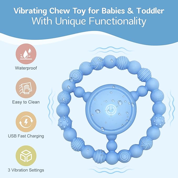 Vibrating Sensory Chew Toy for Babies & Autism Support - USB Rechargeable Baby Teething Toy with 3 Vibration Modes, Safe Silicone Chewers for Toddlers 6+ Months(Blue)
