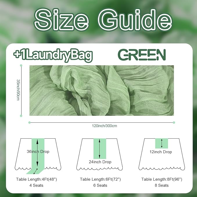 12 Pack Sage Green Cheesecloth Table Runners 35x120 Inch, Wide Boho Gauze Table Runner for Wedding Baby Shower Birthday Party Decor, Semi-Shear Rustic Tablecloth