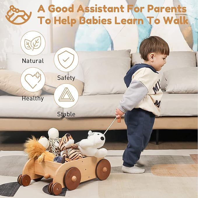 Wooden Baby Walker, Adjustable Speed Anti-Rollover Push Walker Toy for Babies Learning to Walk, Natural Wood Toddler Push and Pull Toys Wagon Birthday Toy for Boy Girl 1-3(Patent Protection)