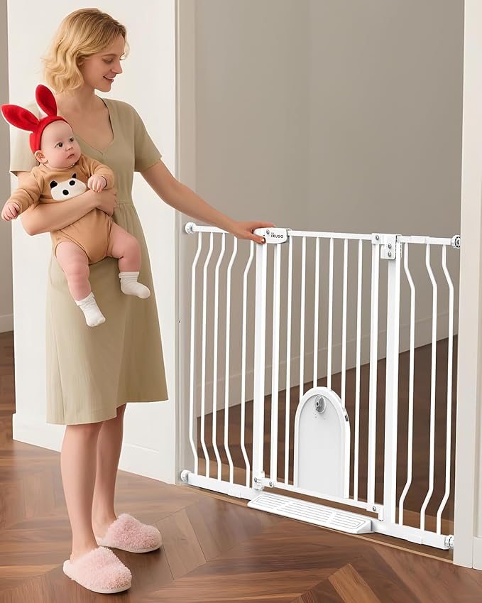 30"- 48" Extra Wide Baby Gate with Cat Door, [30.5" Tall] [No-Drill Pressure Mount] [Includes 2 Extensions] Pet & Toddler Safety Gate for Kitchens, Stairs, and Doorways
