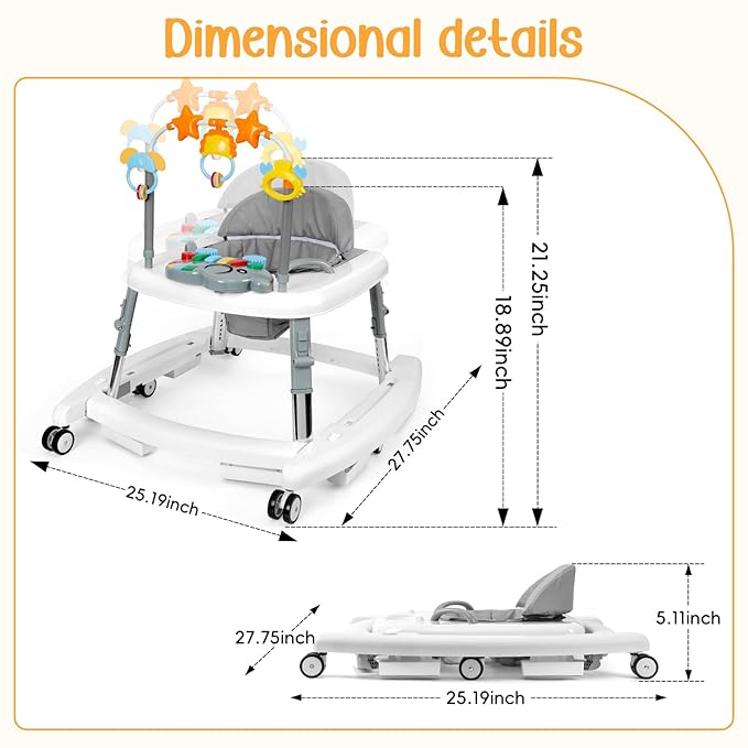 5-in-1 Music and Lights Baby Walker Foldable with 5 Adjustable Heights, Baby Walker with Wheels and Bouncer Combo Portable, Infant Toddler Walker for Baby Boy Girls 6-18 Months
