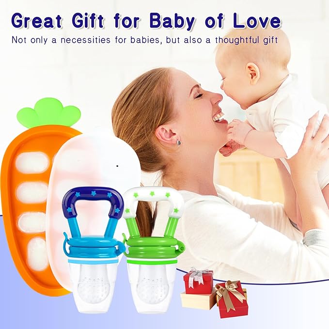 Baby Fruit Feeder with Freezer Tray – 3-Size Silicone Teether for 3-24 Months, BPA-Free, Leakproof Self-Feeder, Dishwasher Safe, Baby Weaning & Teething Snack Tool(Blue Green)
