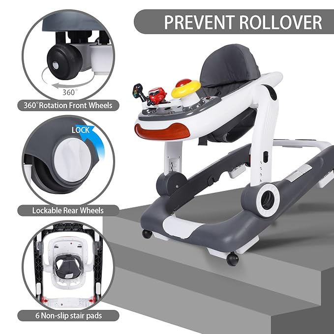 Kinder King Baby Walker with Music & Lights, 5 in 1 Baby Bouncer Activity Walker, Adjustable Height & Seat, Learning-Seated & Toddler Walk-Behind, Safety Bumper, Infant Walker Anti-Rollover, Grey