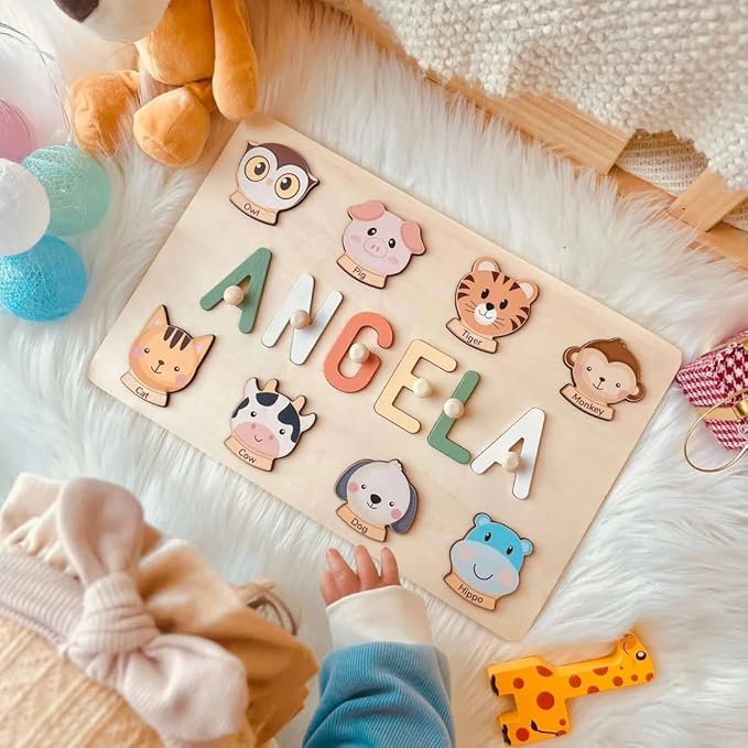 Name Puzzle for Kids Personalized, First Birthday for Baby Boy Girl, Wooden Animal Puzzles for Toddlers 1-3, Educational Toys for 1 Year Old