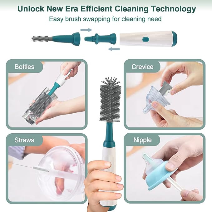 Portable Electric Bottle Brush Cleaner and Drying Rack Set, Foldable Bottle Drying Rack with 16 Ribs, Automatic Bottle Cleaner Brush Help Thorough Cleaning of Baby Bottles and Breast Pumps,Green