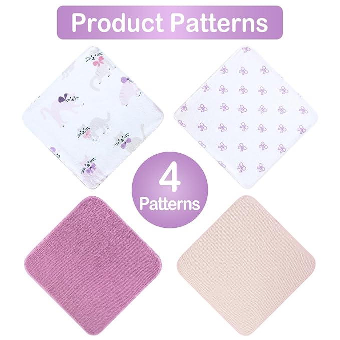Viviland Baby Washcloths, Super Soft Baby Bath Towels for Newborn 24 Pack, Absorbent Face & Body Wash Cloth for Baby Girl, Cat Pattern, 9 x 9 inch