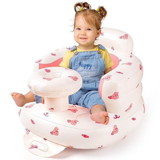 Inflatable Baby Seat for Babies 3-36 Months, Baby Chair with Tray & Built in Air Pump, Blow Up Floor Baby Seat with Back Support, Baby Chair Sit Me Up for Home, Travel (Bunny with Tray)
