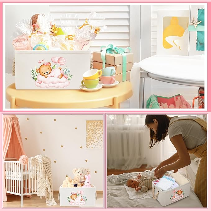 Pickmesh Baby Shower Storage Basket with Gift Bags Rectangular Ribbons Collapsible Canvas Storage Bin with Handles for Diaper Organizing Toy Home DIY Gift Basket, 13 x 9. 1 x 7. 1 Inch(Pink Bear)