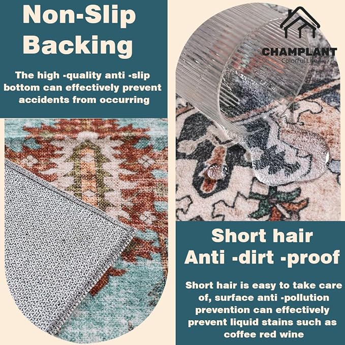 5'x7' Washable Vintage Area Rug Traditional Floor Cover Foldable Kitchen Accent Thin Rug Indoor Distressed Non Slip Carpet Floral Print Mat Bedroom Living Room Bathroom