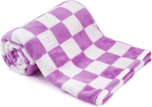 Plush Checkered Baby Blanket for Boys Girls Nursery, 30"*40" Warm Short Fleece Blanket Neutral for Infant Newborn, Small Fuzzy for Sleeping, Chenille or Stroller (Purple&White)