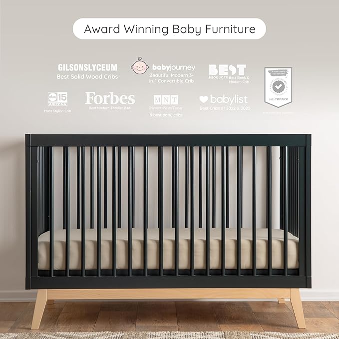 dadada Baby Soho 3 in 1 Convertible Wooden Crib to Toddler Bed - Made in Italy, GREENGUARD Gold Certified, Baby-Safe Finish, Sustainable Beech Wood, Modern Design, 3 Adjustable Heights (Black/Natural)