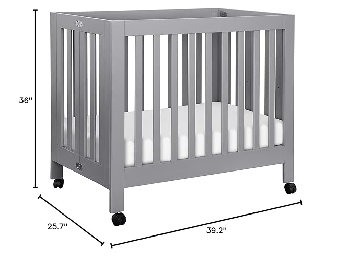 Babyletto Origami Mini Portable Folding Crib with Wheels in Grey, 2 Adjustable Mattress Positions, Greenguard Gold Certified