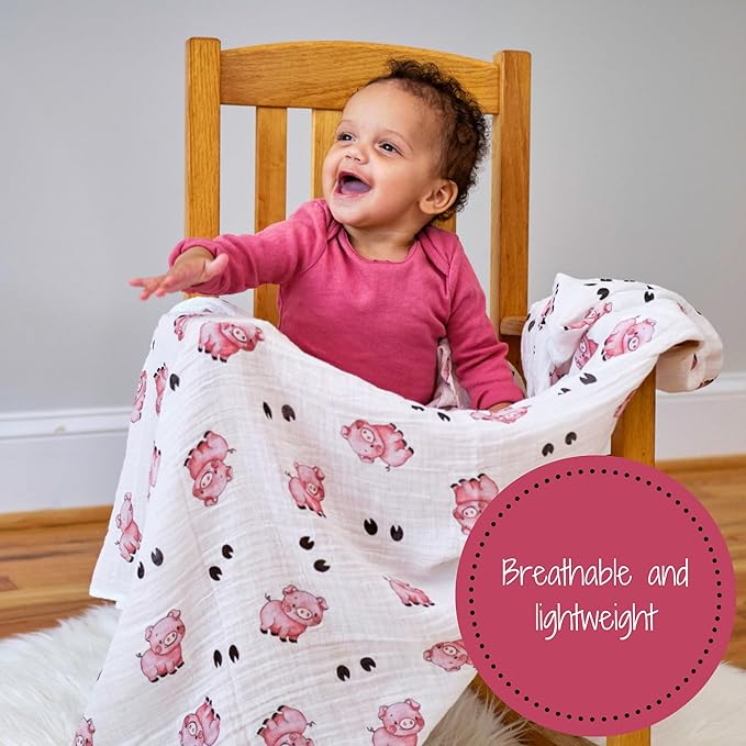 LollyBanks Muslin Swaddle Blankets for Boys and Girls, Large 47 x 47 Inches Baby Blanket, Soft and Breathable 100% Cotton Baby Receiving Blankets, Baby Essentials, Registry (Piggy Farm Theme)