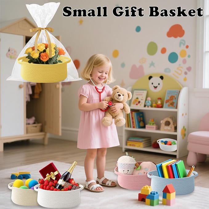 Gift Basket with Gift Bag and Ribbons,Small Rope Woven Shelf Storage,Baskets for Gifts Empty,Birthday,Shower,Decorative Organizer Box for Cat Dog Pet with Handles(Yellow)