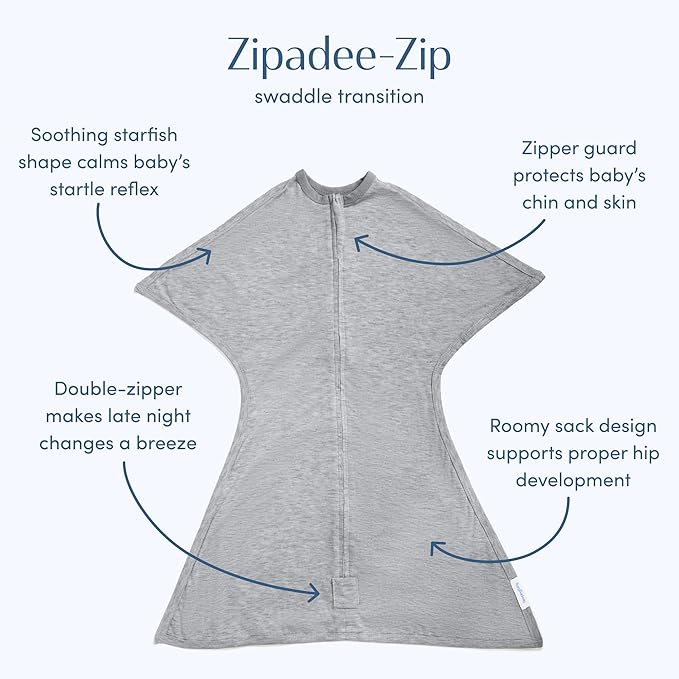 SleepingBaby Zipadee-Zip Transition Swaddle - Cozy Baby Swaddling Blanket with Zipper Convenience - Roomy Wearable Blanket for Easy Diaper Changes - 6-12 Month - Hall of Fame Grey Heather